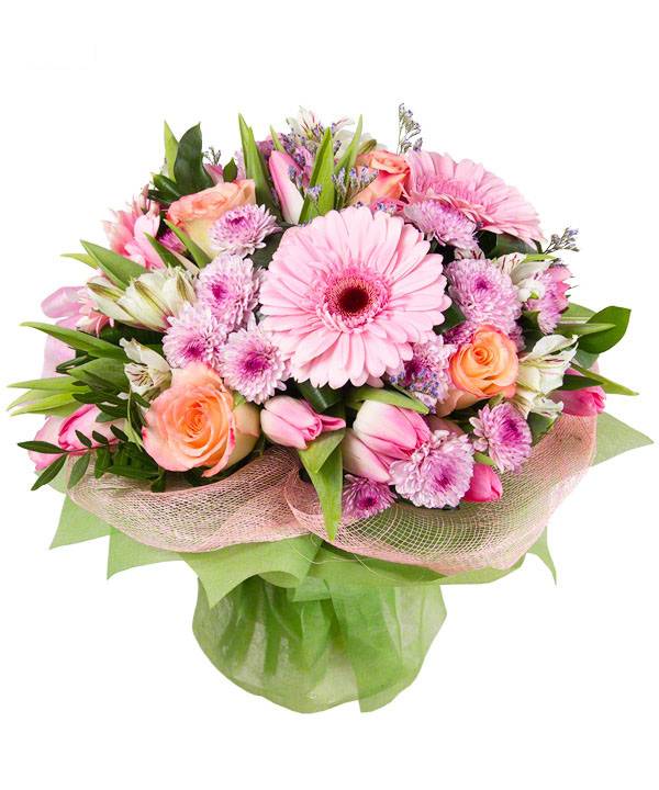 Сборный букет из гербер, хризантем, альстромерий, роз и тюльпанов